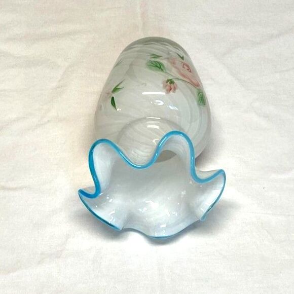 Fenton for Teleflora Cased Swirl Aqua Crest Hand Painted Ruffled Small Vase - Picture 7 of 12